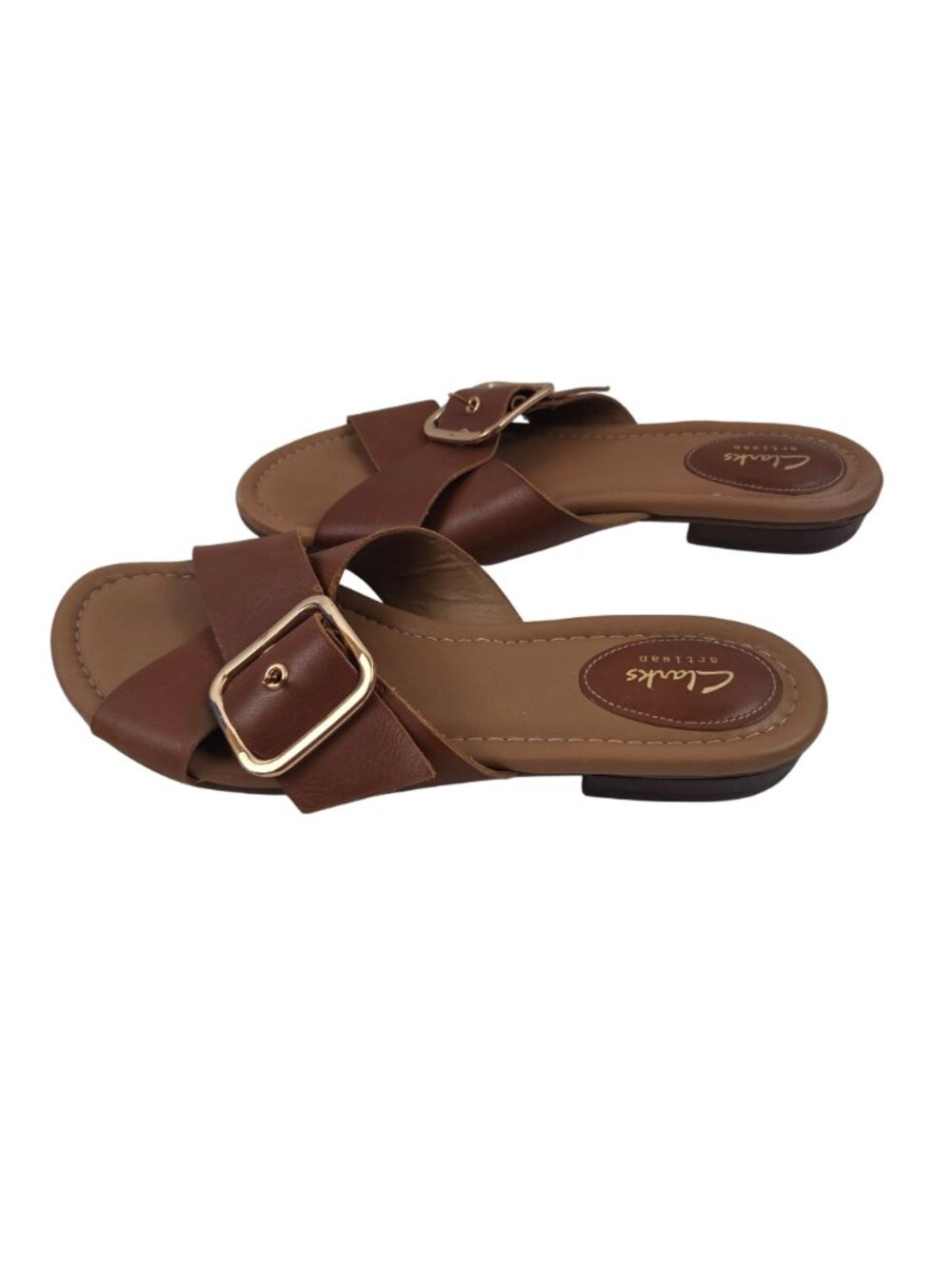 Clarks Artisan Sandals Womens 9.5 Brown Leather Straps Goldtone Buckle Flat Shoe - Picture 5 of 14